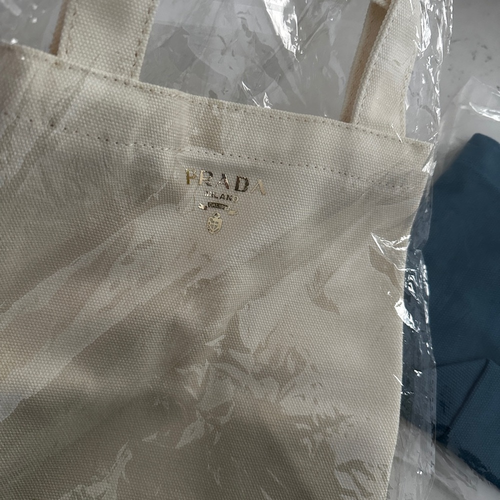 Prada Cream Canvas Tote with Gold Logo Accent